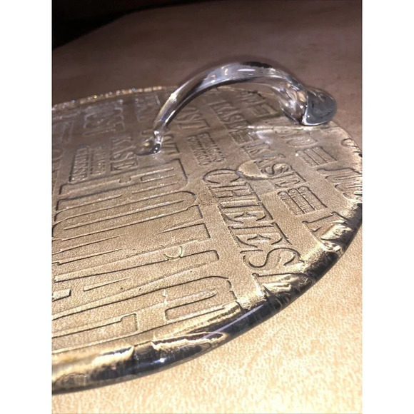 Kosta Boda Art Glass Ice Plate Cheese Platter Handle Cheese Names. 9.5" - Picture 2 of 9